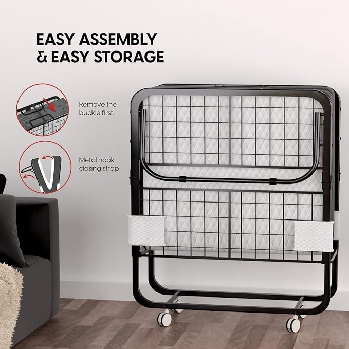 EconoHome Folding Bed with Mattress - 75x31 Cot Size Frame - Portable Rollaway Guest Bed with 5-inch Memory Foam Mattress - S