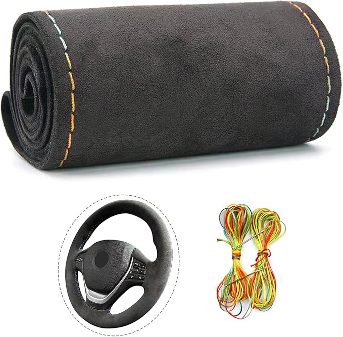 Suede Leather Steering Wheel Cover Wrap Kit - DIY Stitch-On for 17-18" Wheels, Superior Sweat Absorption & Non-Slip Grip, Comfortable & Durable Year-Round Upgrade