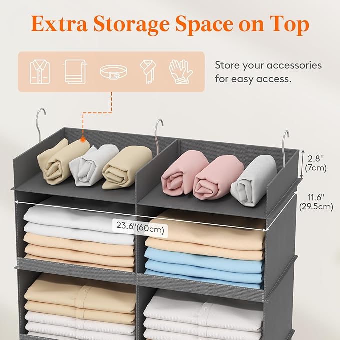 Lifewit Dual-Row Shelf Hanging Closet Organizer and Storage, Clothes Shelves with 3 Sturdy Hooks for Clothing Organization, F