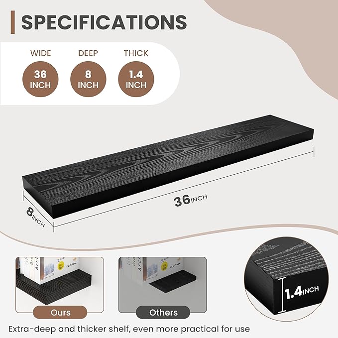 36 Inch Floating Shelves, 8 Inch Deep Floating Shelves for Wall, Hanging Shelf with Invisible Brackets, Deep Shelves for Bath