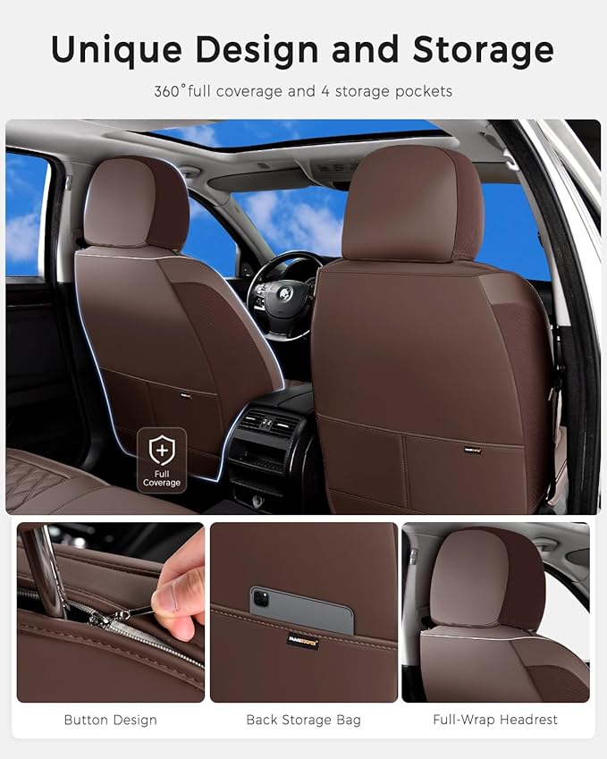 Huidasource Coffee Front Seat Cover, Nappa Leather Front Car Seat Cover, Side Elastic Fabric, Compatible with Airbags, Seat B