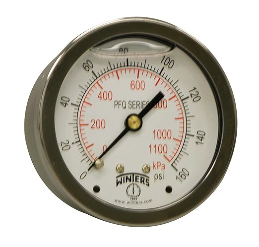 Winters 2-1/2" Dial Size, Liquid Filled Industrial Pressure Gauge, Brass Internals, 304 Stainless Steel Case, Dual Scale 0-160 psi/kPa, 1.5% Acc, 1/4" NPT Back Mount, Glycerin Filled Pressure Gauge