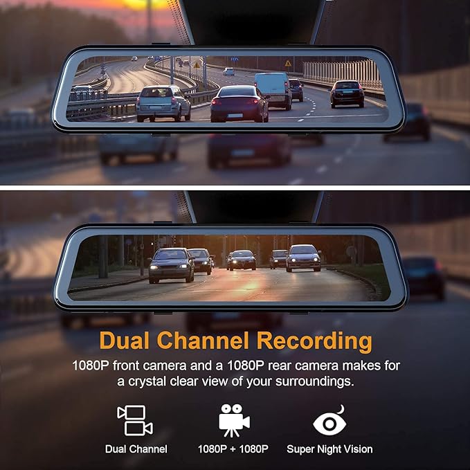 REXING M2 Smart BSD ADAS Dual Mirror Dash CAM 12” IPS Touch Screen, 1080p (Front+Rear),GPS,Stream Media, Parking Monitor, Nig