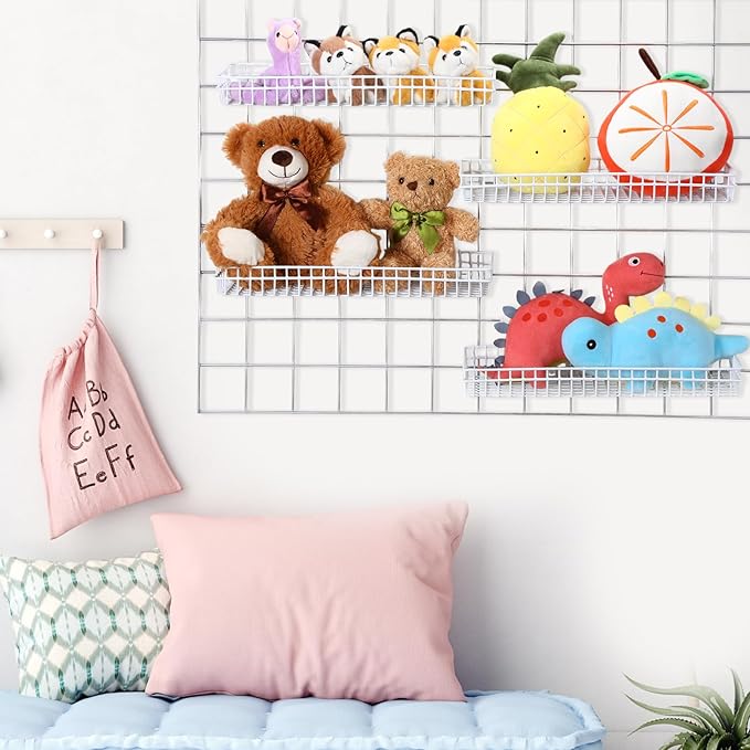 Blulu 4 Pcs 15.75 x 5.91 x 1.97 Inch Metal Grid Wall Baskets with Hooks Grid Wall Shelves Hanging Wire Basket Multi Function 
