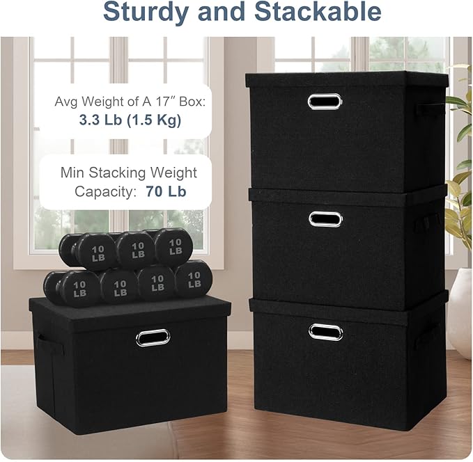 Graciadeco Large 17" 36 Quart Collapsible Stackable Storage Bins with Lids, 5 Packs Black Linen Fabric Closet Boxes with Lids
