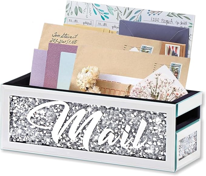 Crushed Diamond Mail Organizer, Crystal Mail Organizer Countertop, Mirror Letter Holder, Mail Tray, Mail Holder Box for Desk,