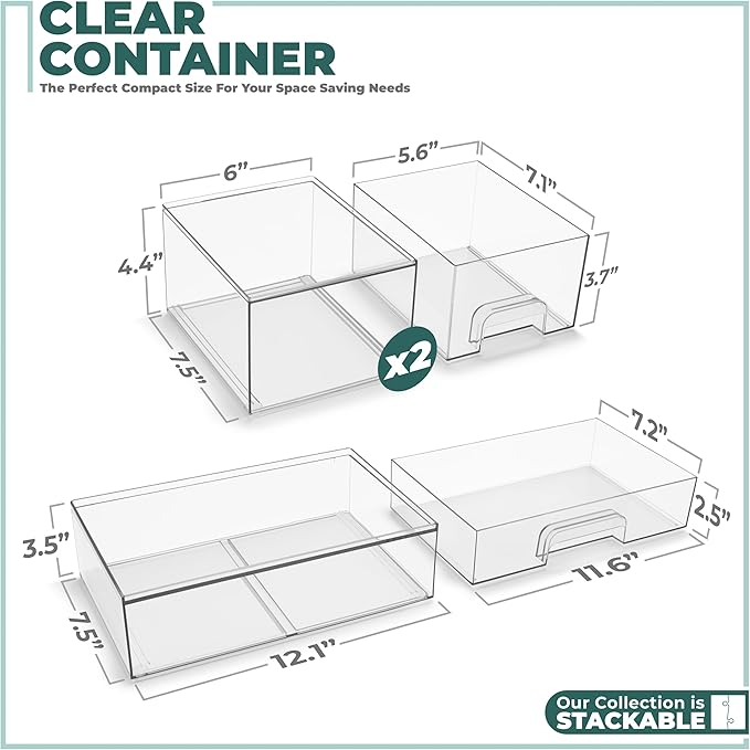 Sorbus Acrylic Storage Containers - 3 Pack, Stackable Storage Bins Set for Bathroom Organization - Clear Acrylic Drawer Organ