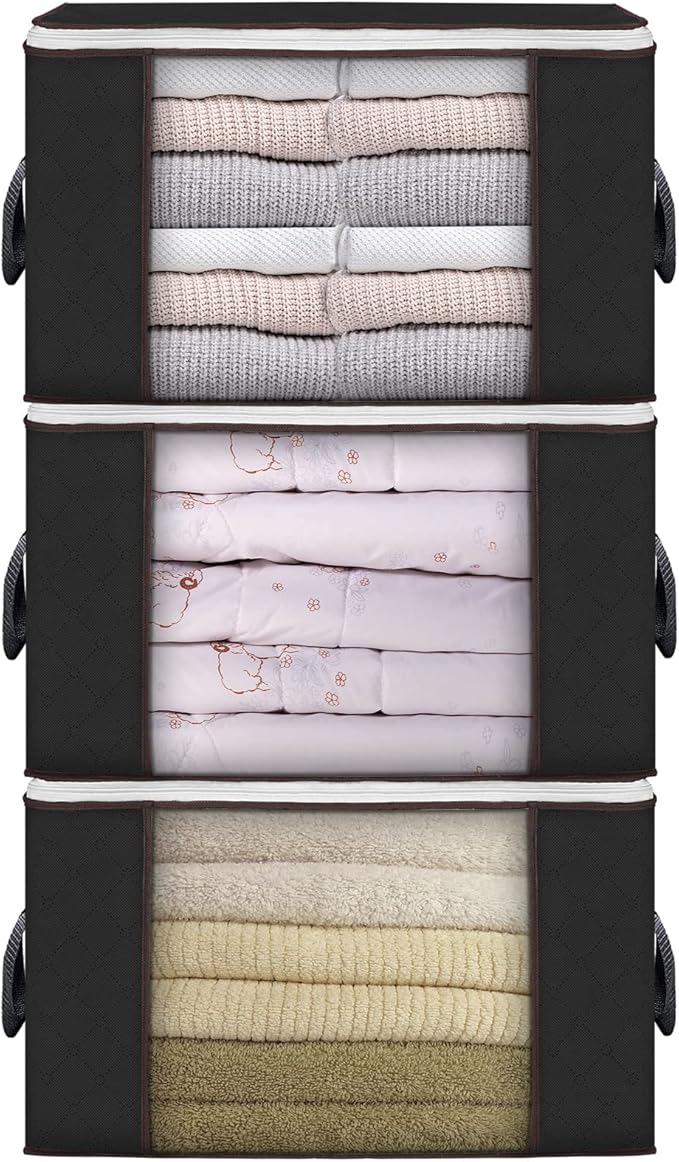 Large Storage Bags, 3 Pack Clothes Storage Bins Foldable Closet Organizers Storage Containers with Durable Handles Thick Fabr