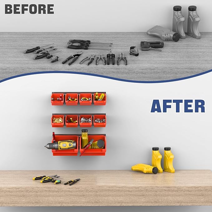 WALMANN Wall Mounted Storage Bins for Small Parts, 10 Bins with 3 Metal Rails, Plastic Bins for Screws, Bolts, Nuts, Craft Ro