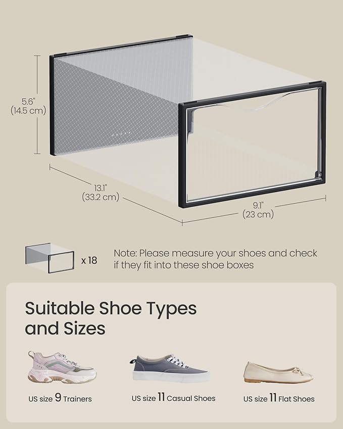 SONGMICS Shoe Boxes, Shoe Storage Organizers Rack for Closet, Plastic Stackable Sneaker Containers Case, 18 Pack, Transparent
