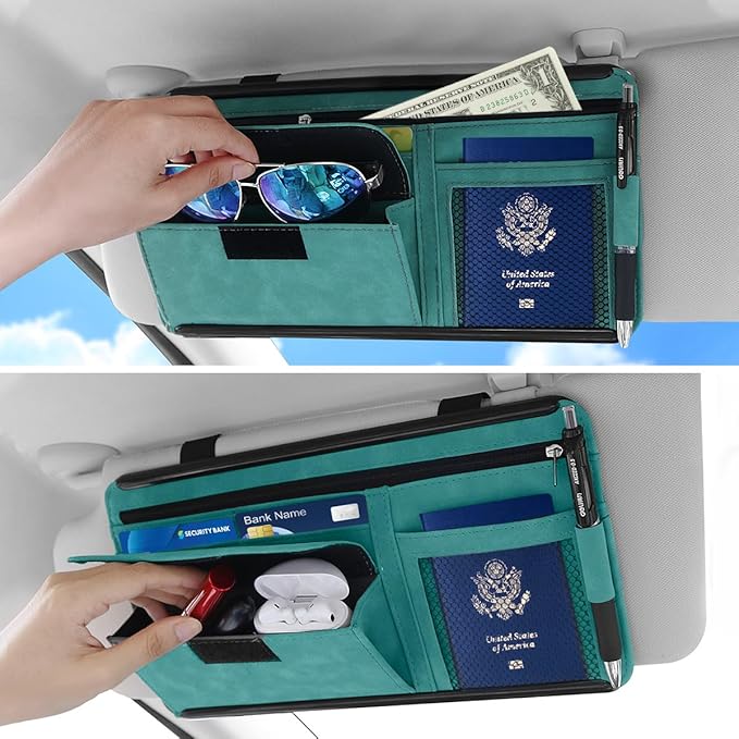 Sun Visor Organizer, Multi-Pocket Auto Visor Organizer for Car, SUV and Truck, Card Holder Glasses Holder for Car Interior Accessories Car Organizers And Storage, Blue