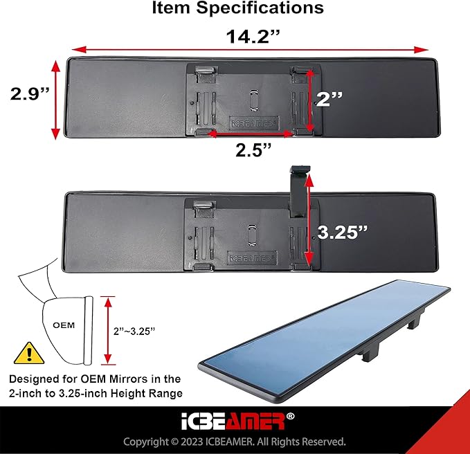 14.2" ICBEAMER Clip On Rear View Mirror | Flat Blue Tint, Panoramic Wide Angle HD Glass, Anti Glare, Universal Fit for Car, SUV, Truck | Eliminates Blind Spots (1 Pack)