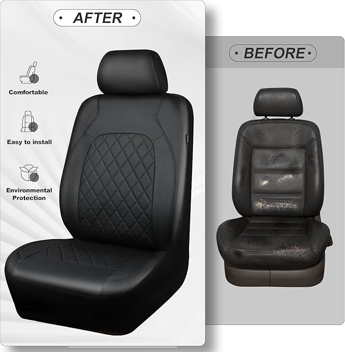 Universal Pu Leather Car Seat Covers Front Seats only, Airbag Compatible, Water-Resistant Durable Premium Vinyl, Fit for 95% 