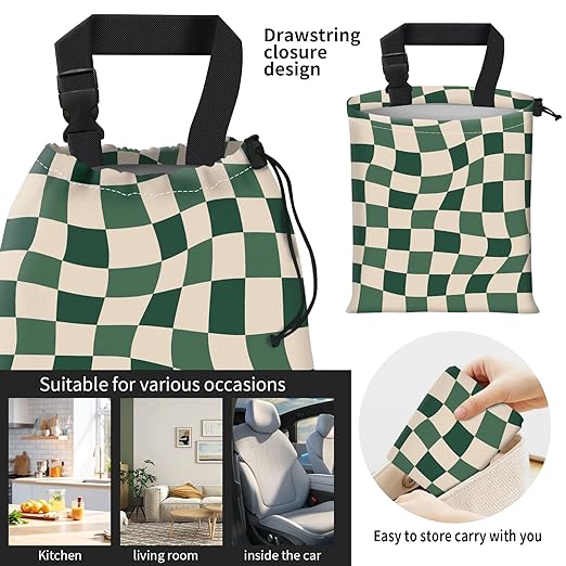 Car Trash Bag Large Hanging Can for Back of Seat, Cute Waterproof Car Garbage Bag for Vehicle, Travelling, Outdoor Cute Abstract Green Checkerboard