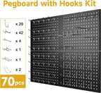 74PCS Pegboard Wall Organizer, 4 Pack Metal Pegboard Panels with 70 Hooks, 32" x 24" or 64" x 12" Black Peg Board for Walls, 