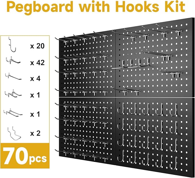 74PCS Pegboard Wall Organizer, 4 Pack Metal Pegboard Panels with 70 Hooks, 32" x 24" or 64" x 12" Black Peg Board for Walls, 