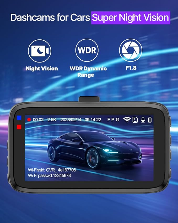 Dash Cam Front and Rear, 2.5K Dual Dash Camera W/ 64GB Card,3" IPS Screen Dash Cam Built-in 5G WiFi, Car Camera with G-Sensor