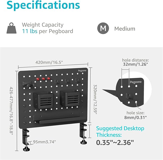 PEGZONE Clamp-on Desk Pegboard, Desk Organizer for Office Gaming Home, Magnetic Metal Peg Board with 10 Accessories, Privacy 