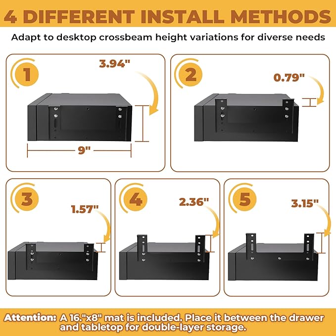 POPMOON 16 Inch Under Desk Drawer,Adjustable Height,Under Desk Drawer Slide Out, Metal Storage Drawer with Cable Management f