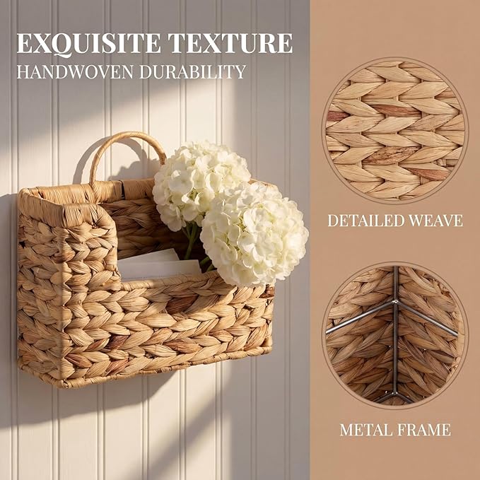 Handwoven Water Hyacinth Wall Basket Storage with Non-Trace Nails - Decorative Hanging Magazine File Holder & Mail Organizer 