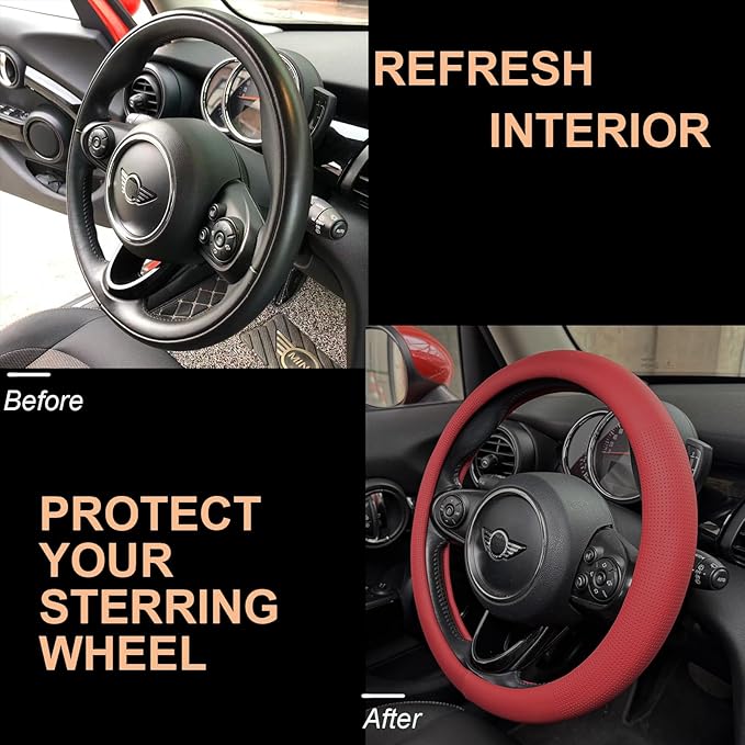 PINCTROT Nappa Leather Steering Wheel Cover, Slim Fit No Bulk Design, One Piece Leather with Breathable Perforation, Fit Like