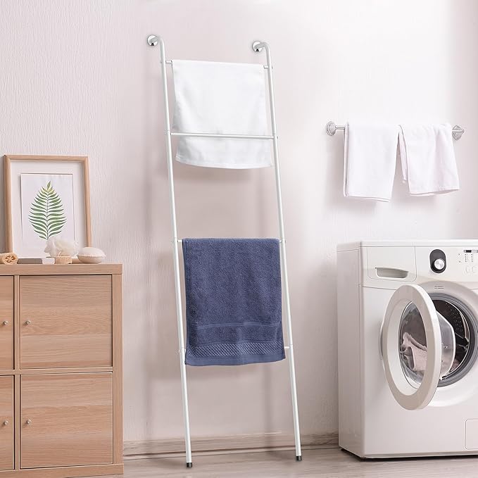 ABQ 4-Tier White Metal Blanket Ladder, Wall Leaning Towel Rack, Decorative Space Saving Shelf for Living Room, Bedroom, Bathr