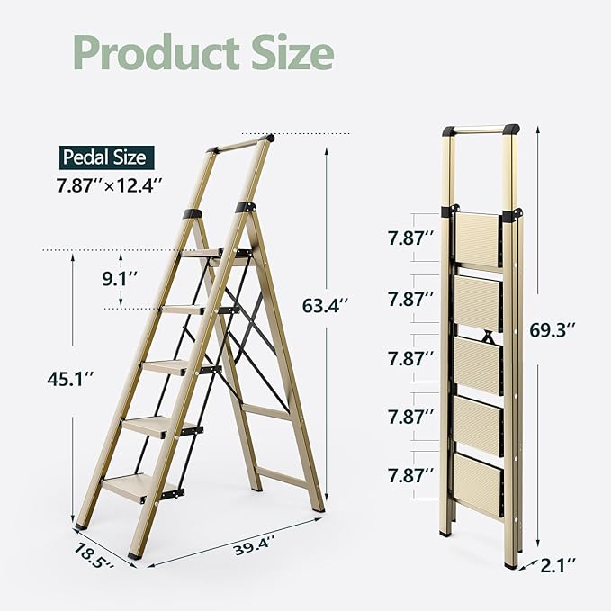 WOA WOA 5 Step Ladder for 10 Feet High Ceiling, Lightweight Foldable Ladder with Non-Slip Wide Pedals, Step Stool with Safe H