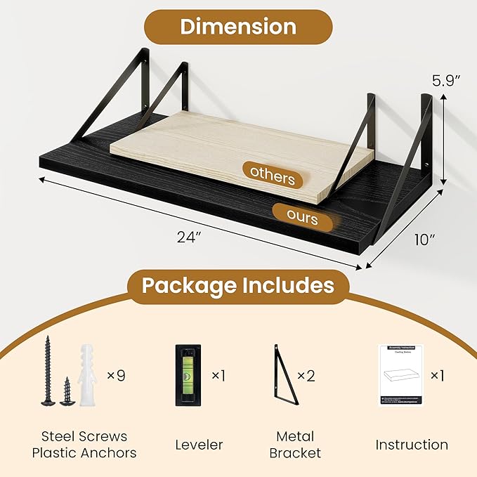 Deep Floating Shelves,24" Wx10 D Floating Shelf for Wall Set of 2,Hanging Storage Shelf with Metal Brackets,Wide Display Wall
