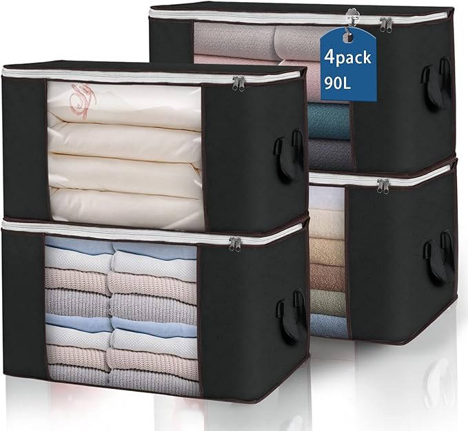 Large Storage Bags, 4 Pack Clothes Storage Bins Foldable Closet Organizers Storage Containers with Durable Handles Thick Fabr