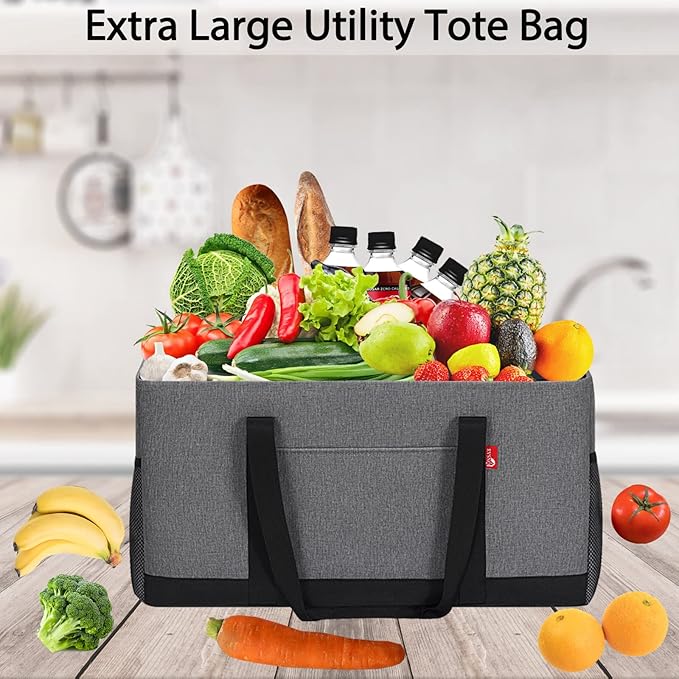 Extra Large Utility Tote Bag, Foldable Reusable Grocery Bags, Collapsible Tote with Metal Wire Frame & Reinforced Bottom Board, Stand up Large Utility Tote for Groceries, Shopping, Storage