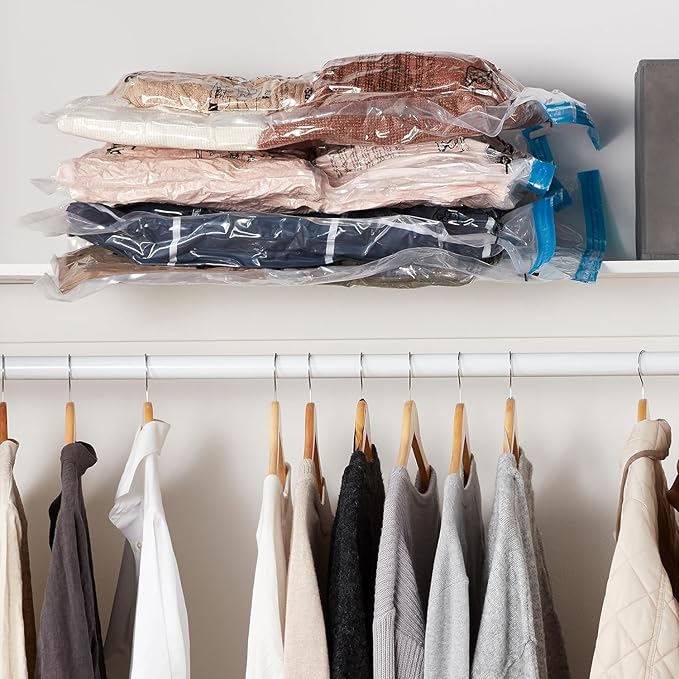 Amazon Basics Vacuum Storage Bags with Hand Pump for Travel, Space Saving Compression Bags for Clothes and Blankets, Clear, 1