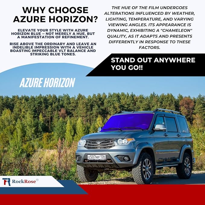 RockRose Azure Horizon Chameleon Window Tint for Cars, Color Window Tint Film; Heat Rejection & UV Block for Privacy and Sun Protection, 85% VLT (Deep Blue, 24 in x 10FT)