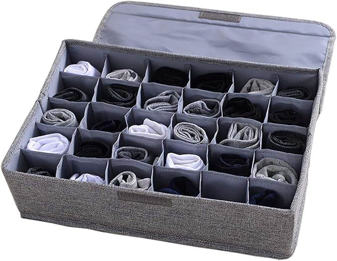 AARAINBOW Underwear Socks Ties Storage Organizer with Lids Foldable Closet Drawer Organizer 30 Cells, Fabric Wardrobe Divider