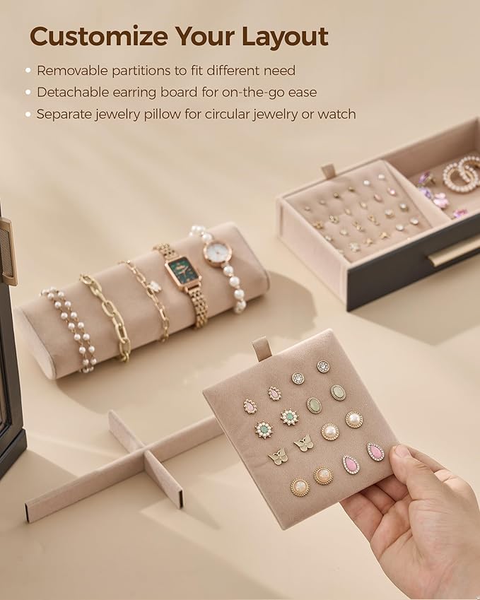 Glimmloop 360° Rotating Jewelry Box with 9 Drawers, Spacious Vertical Jewelry Organizer with Glass Window, Jewelry Storage Ca