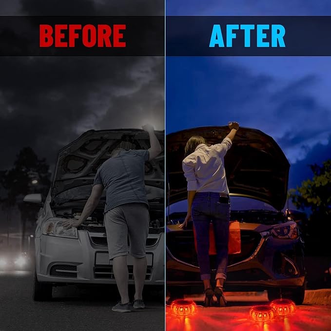 GP908 8 Pack LED Road Flares Emergency Roadside Lights Safety Flashing Warning Beacon Disc Warning Flare Kit with Hook Magnet