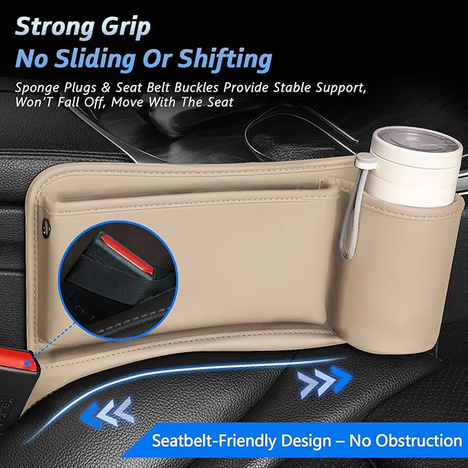 Car Seat Gap Filler Organizer 2 Pack, Car Seat Organizer with Cup Holders, 3-in-1 Removable Auto Organizer for Women, Universal Fit SUV Truck Fill The Gap Between Seats & Console(Beige)