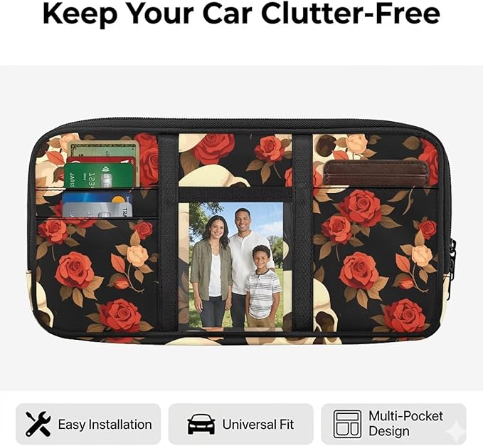 Car Sun Visor Organizer,Rose Skull Car Sun Storage Pocket Pouch Case Bag with Double Zippers Truck SUV Storage Pouch Holde