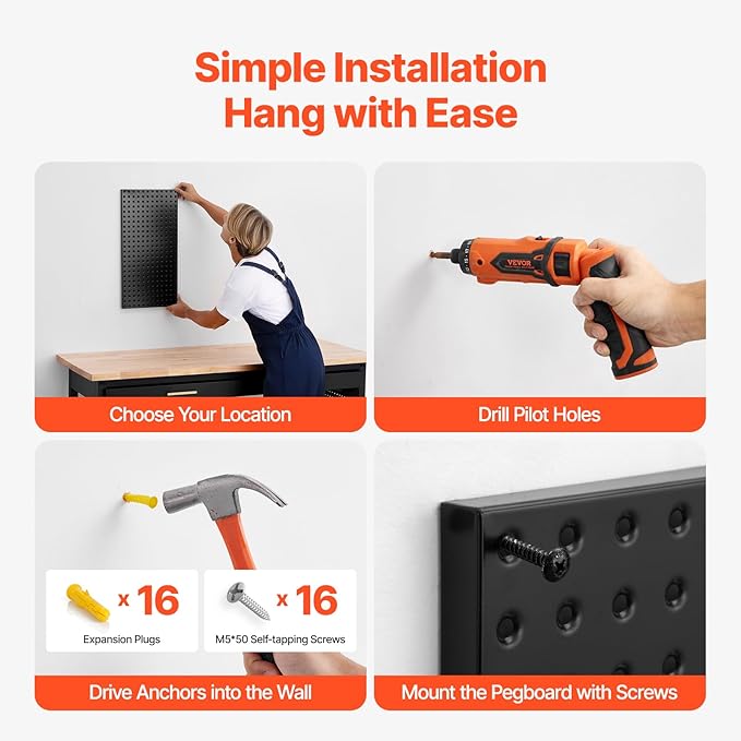 VEVOR Metal Pegboard Panels, 24" x 12" Pegboard, 4 Panels, Heavy Duty Peg Board Wall Organizer with Accessories, for Living R