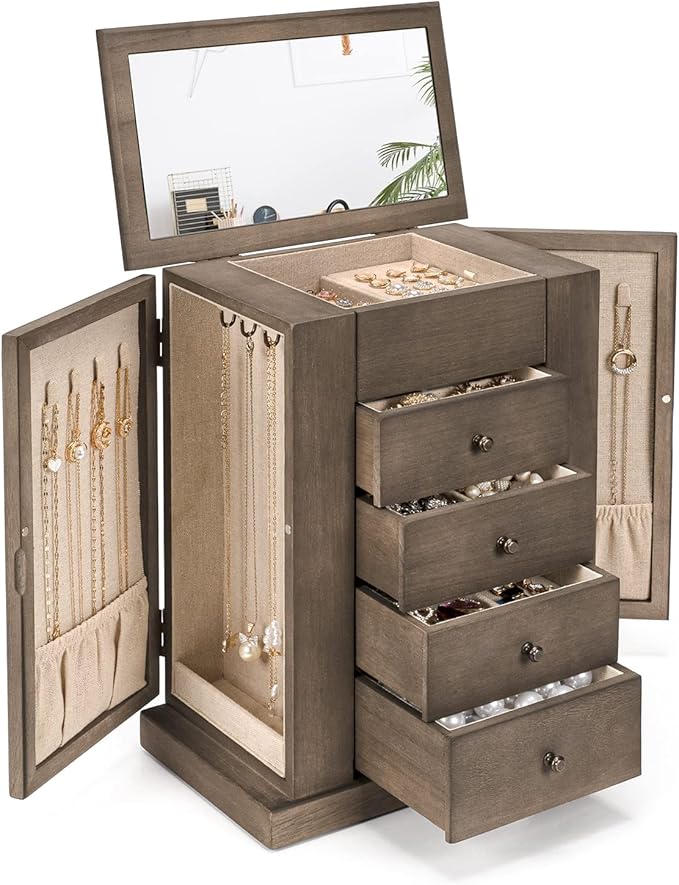 Emfogo Jewelry Box for Women, 5 Layer Large Wood Jewelry Boxes & Organizers for Necklaces Earrings Rings Bracelets, Rustic Je