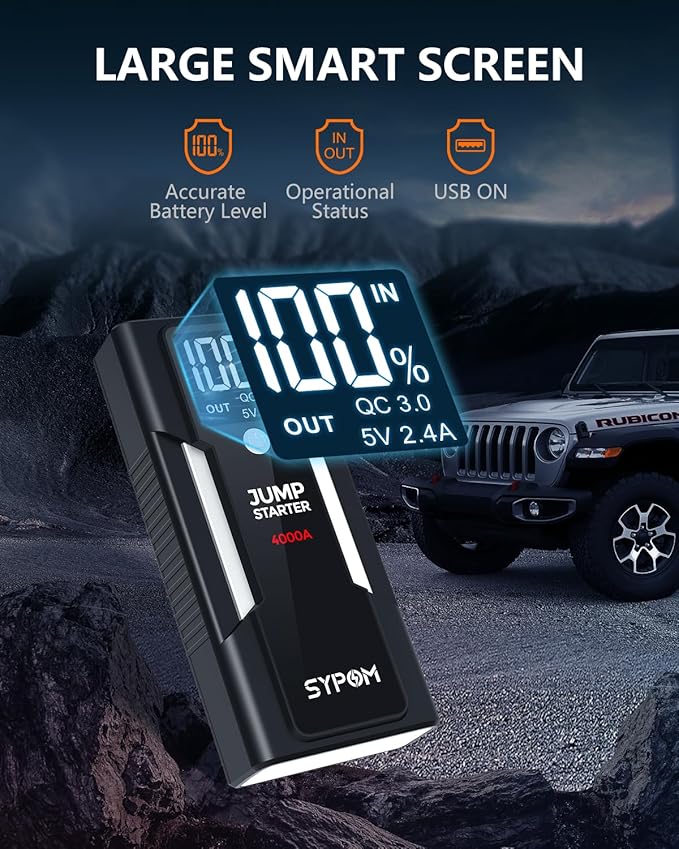 Portable Jump Starter, 4000A Peak Car Battery Charger, 12V Jump Box for Truck up to 10L Diesel, Motorcycle, Dual USB, LED Lig