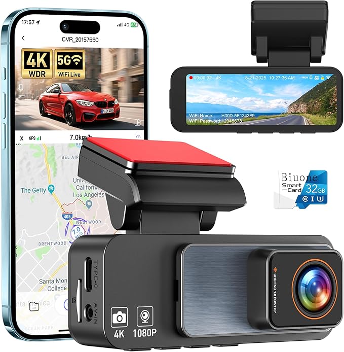4K Dash Cam Front, Built-in 5GHz WiFi & APP Control, Dash Camera for Cars W/ 32GB Included, 3.2" IPS Screen Car Dash Cam W/ 2
