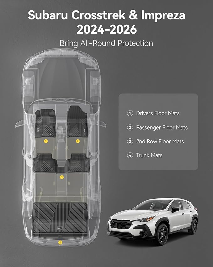 3W Floor Mats & Cargo Liner Fit for 2024 2025 2026 Subaru Crosstrek/2024 2025 2026 Subaru Impreza, All Weather TPE Car Liner Custom Fit for Crosstrek & Impreza Accessories (NOT for Hybrid)