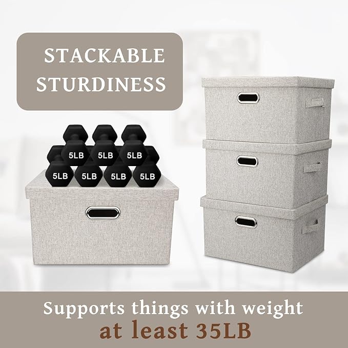 Graciadeco Medium 15" 21 Quart Collapsible Stackable Storage Bins with Lids, 5 Packs Beige Foldable Fabric Closet Boxes Heavy
