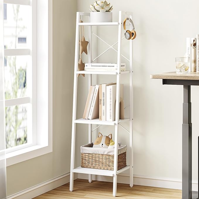 Hzuaneri Ladder Shelf, Bookshelf Bookcase, Freestanding Corner Storage Shelve with 2 Hooks for Home Office, Living Room, Kitc