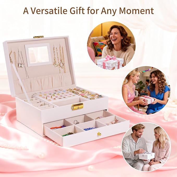 coobest Jewelry Box, 2 Layer Jewelry Organizer with Velvet Earring Organizer, Jewelry Holder Organizer Travel, White Jewelry 