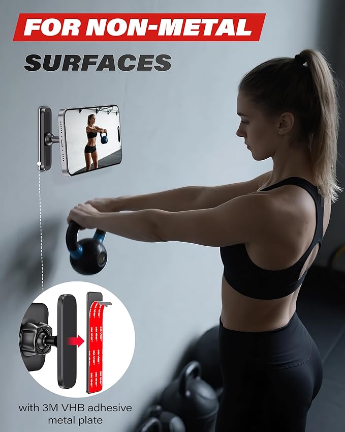 A2C Magnetic Phone Holder for Gym, Aluminum Alloy Base Attach to Metal & Non-Metal Surfaces, Gym Phone Mount for MagSafe iPhone 12-17 Series, Ideal Gym Essentials for Workouts Recording