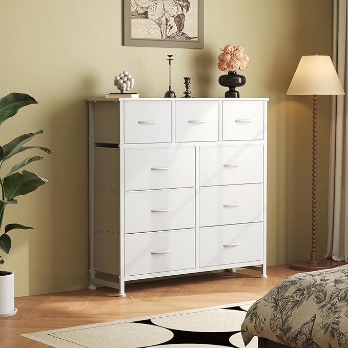 DUMOS Dresser for Bedroom, Storage Organizer with 9 Drawers, Chest of Drawers with Fabric Bins, Sturdy Metal Frame, Wood Tabl
