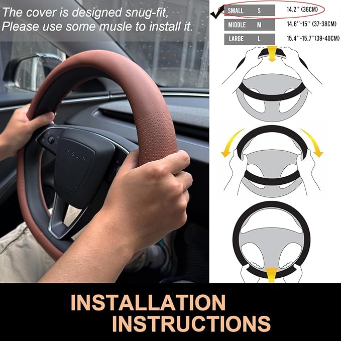 PINCTROT Nappa Leather Steering Wheel Cover for Tesla Model Y/3 Highland/Juniper, D Shaped 14 Inch Small Sized with Breathabl