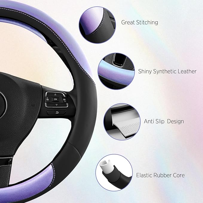 Road Comforts Steering Wheel Cover – Breathable Leather Steering Wheel Cover, Anti-Slip Grip, Universal Fit 14.5” to 15”, Hea