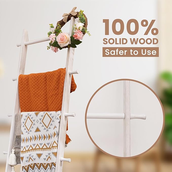 5-Tier Blanket Ladder – 4.8 Ft Wall Leaning Quilt Rack, Farmhouse Blanket Storage for Living Room, Bedroom & Bathroom – Rusti
